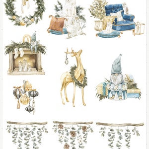 May include: A set of 20 watercolor illustrations featuring Christmas and winter themes. The illustrations include a wreath, a cat, a fireplace, a deer, a gnome, ornaments, and greenery.