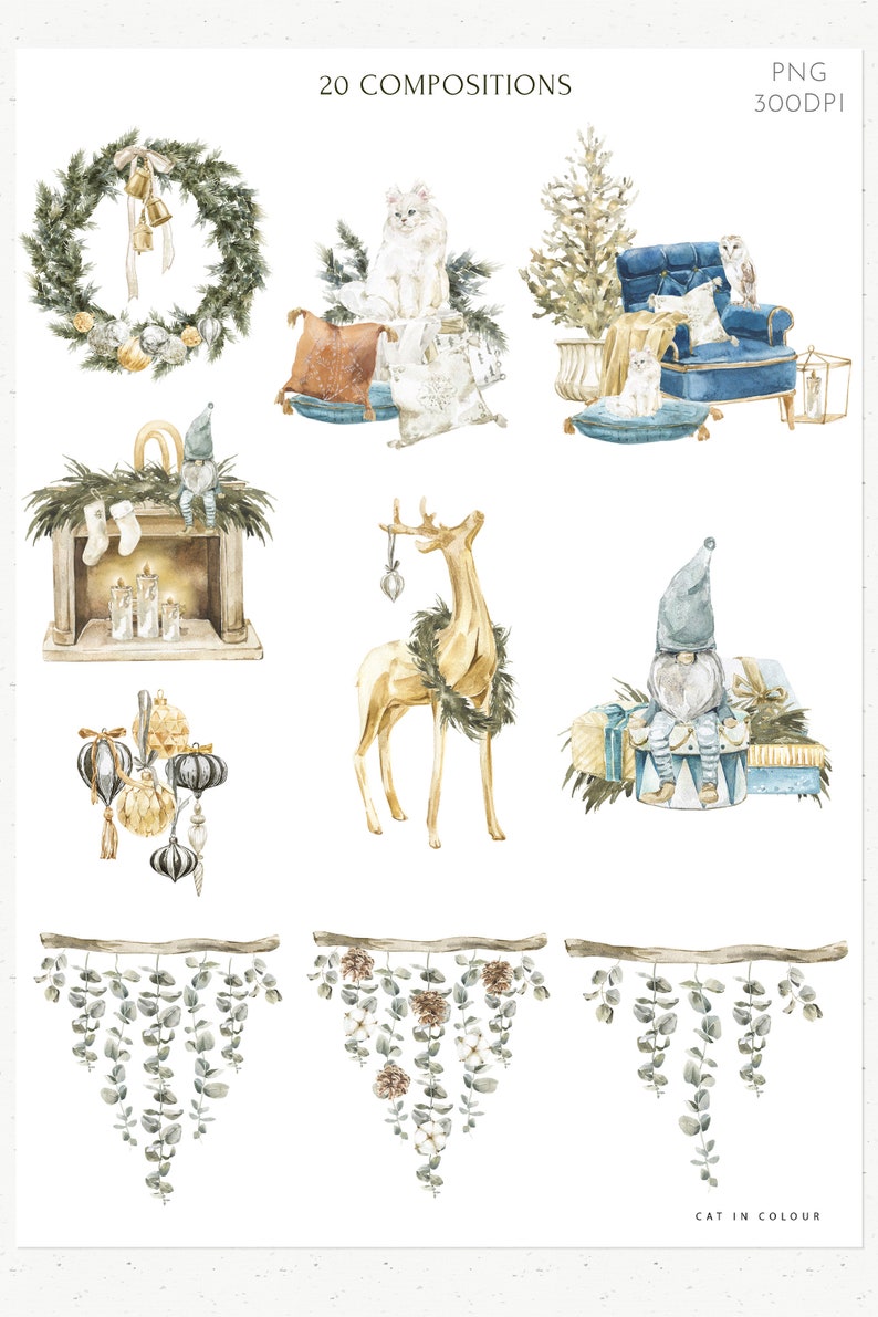 May include: A set of 20 watercolor illustrations featuring Christmas and winter themes. The illustrations include a wreath, a cat, a fireplace, a deer, a gnome, ornaments, and greenery.