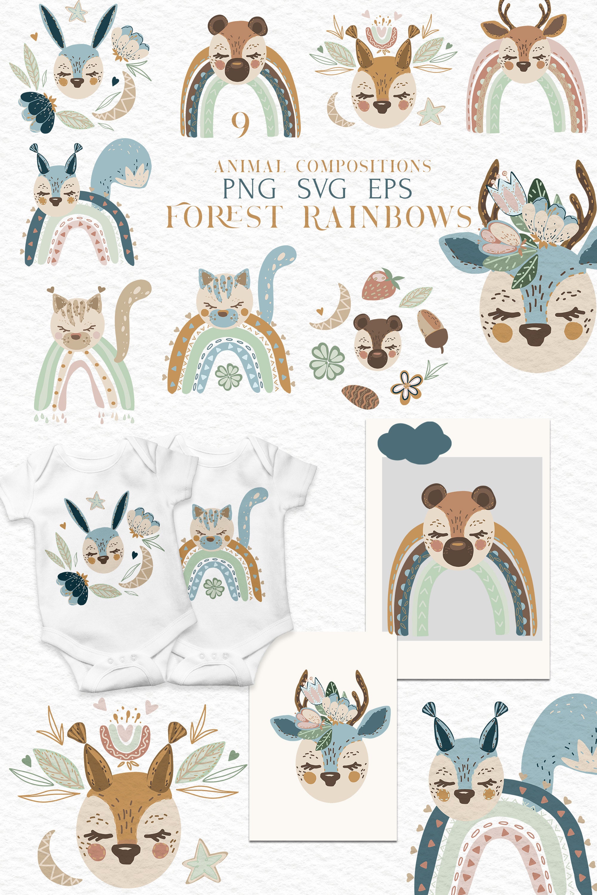 Woodland Animals and Boho Rainbow clipart Set. Vector Forest | Etsy