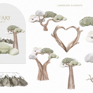 May include: Watercolor illustrations of safari landscape elements, including trees, mountains, and clouds. The text "SAFARY PARTY INVITATION" is on a white card with a rounded top.
