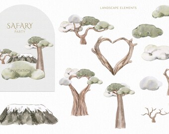 African Safari Baby Trees Watercolor clipart set. Savannah tree, green cloud, mountain for Baby shower, Birthday, Boho Wedding invitation