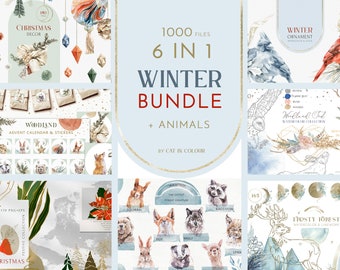 Christmas Watercolor Clipart Bundle! Winter Festive Floral, Animal Graphics PNG for Boho, Modern blog, cards, prints, calendar, wedding