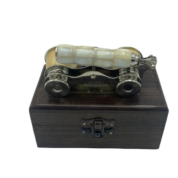 Opera Glasses in a Wood Box ( Mother of Pearl, Brass, Bronze & Red leather )
