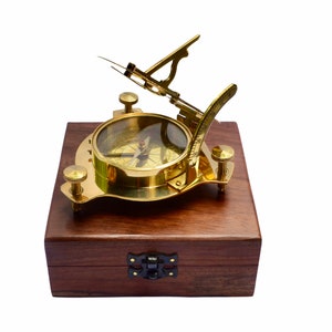 Medium 4" Folding Sundial Compass in a Wood Box ( Brass or Bronze )
