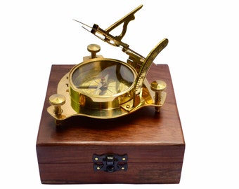 Medium 4" Folding Sundial Compass in a Wood Box ( Brass or Bronze )