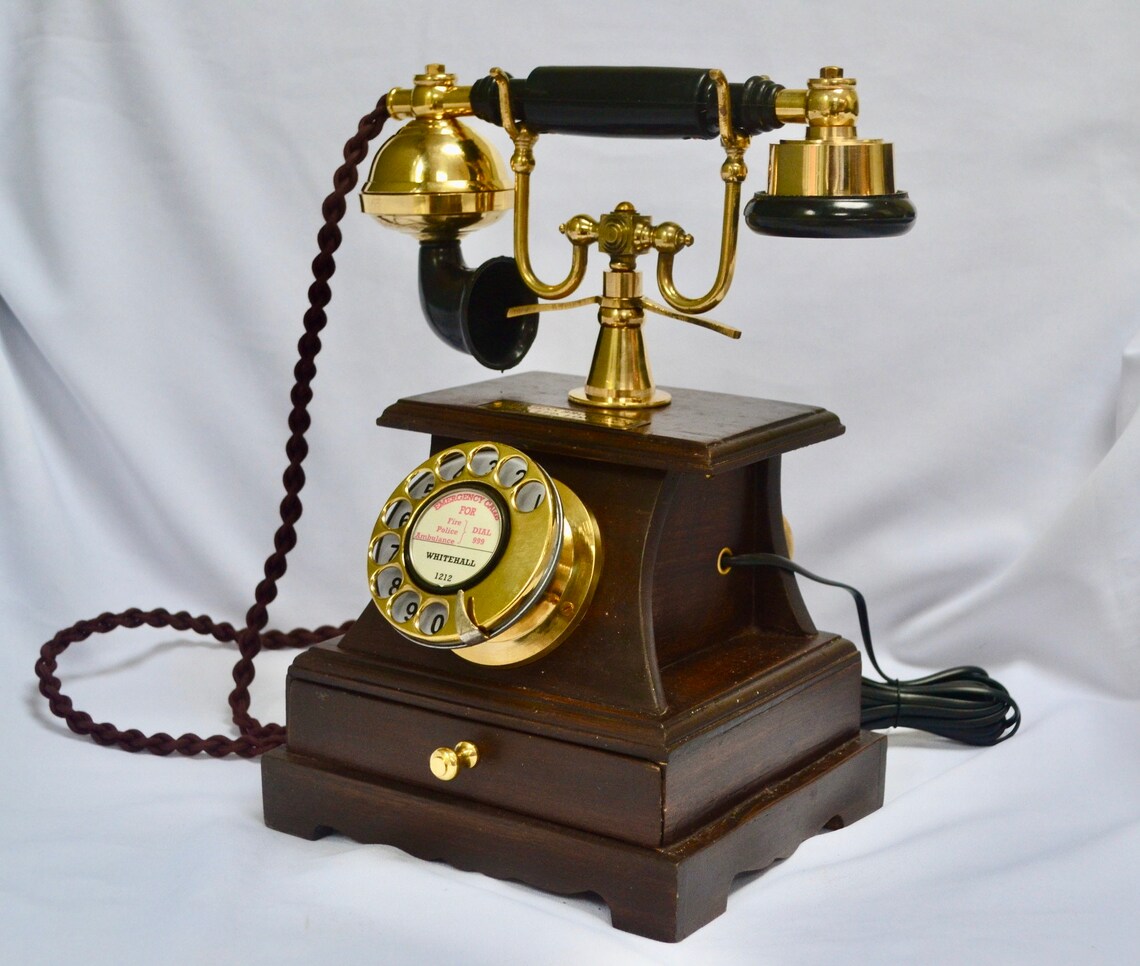 Wooden Box 1930’s Style Cradle Telephone With a Tray Brass or Brushed