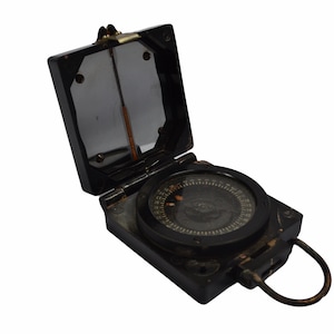 Antique circa 1940s British Army 2nd WW Bakelite Compass in a Wood box or Army Cloth Pouch