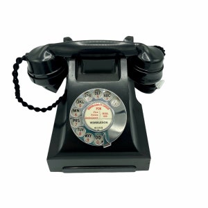 Antique 1940's English GPO General Post Office Black Bakelite 300 Series Desk Telephone with a Pull Out Tray 4 Models Plain with Bar