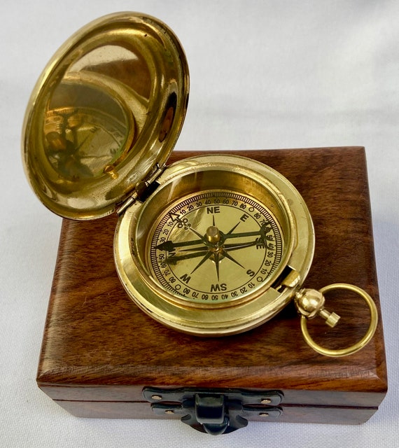 Messing polierter nautischer Brunton-Kompass mit Holzbox-Marinekompass 