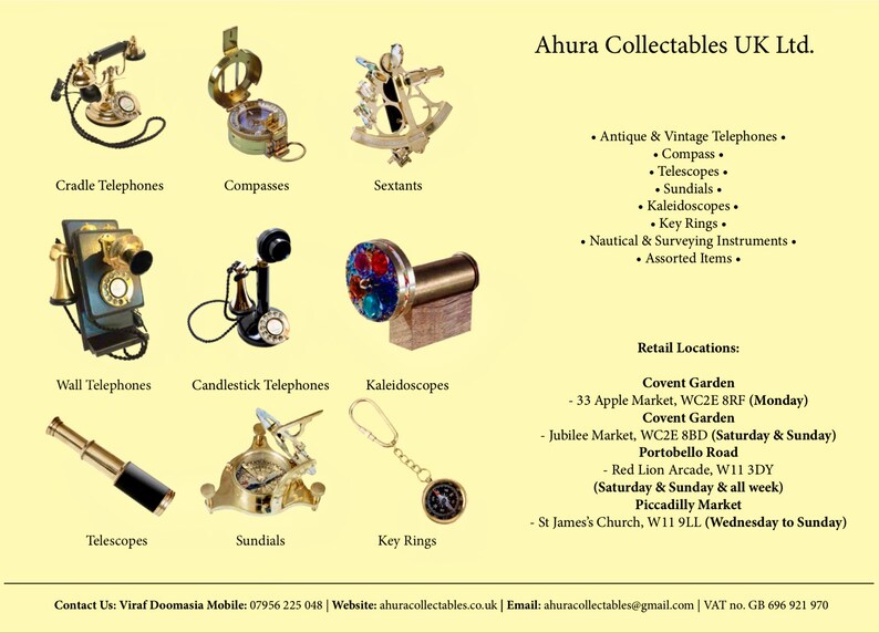 Pode incluir: Uma cole&ccedil;&atilde;o de telefones antigos e vintage, b&uacute;ssolas, sextantes, telesc&oacute;pios, rel&oacute;gios de sol, caleidosc&oacute;pios e chaveiros. A imagem tamb&eacute;m inclui o nome do neg&oacute;cio, Ahura Collectables UK Ltd., e suas informa&ccedil;&otilde;es de contato.
