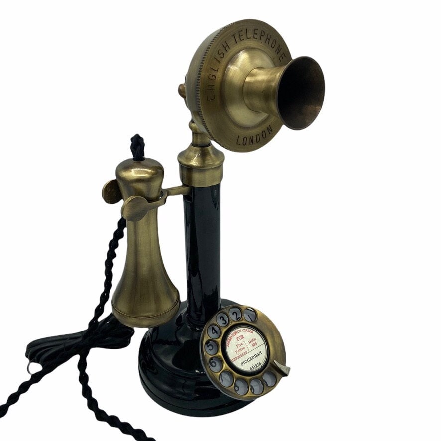 1920年代風のブラシ仕上げ＆ブラックのキャンドルスティック電話（3