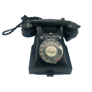 Antique 1940's English GPO General Post Office Black Bakelite 300 Series Desk Telephone with a Pull Out Tray 4 Models Call Exchange Badge