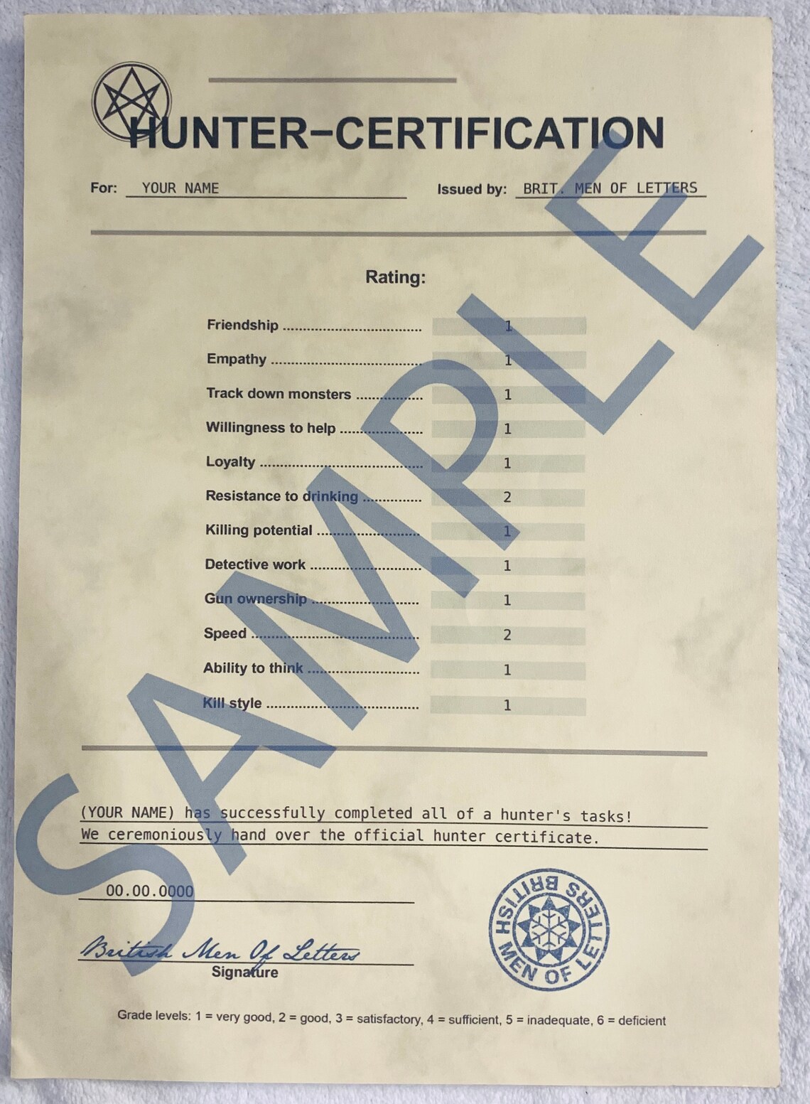 Supernatural Hunter Certificate Hunter License German Etsy