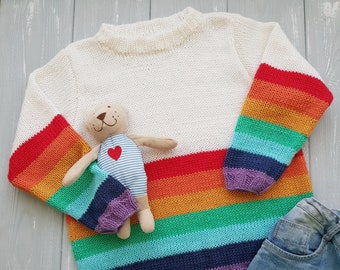 Children's rainbow sweater, positive stripe sweater for 5-6 year old child, warm rainbow gift for granddaughter or daughter.