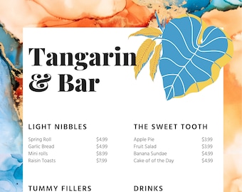Restaurant menu | Cafe menu | Bar menu | Botanical leaves food menu | 3 Pages | Watercolour | Alcohol ink art | Tangerine Orange and Blue