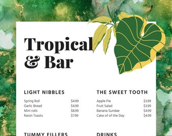 Restaurant menu | Cafe menu | Bar menu | Botanical leaves food menu | 3 Pages | Watercolour | Alcohol ink art | Green and Yellow Gold