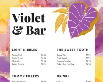 Restaurant menu | Cafe menu | Bar menu | Botanical leaves food menu | 3 Pages | Watercolour | Alcohol ink art | Voilet and Yellow
