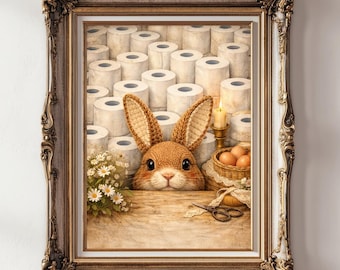 Vintage Funny Easter Bunny Wall Art Set of 4, Bathroom Victorian Cottagecore Painting, Crochet Easter Rabbit, Digital Download Print