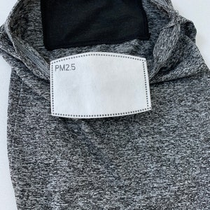 May include: Gray face mask with a black fabric panel and a white filter insert labeled "PM2.5".