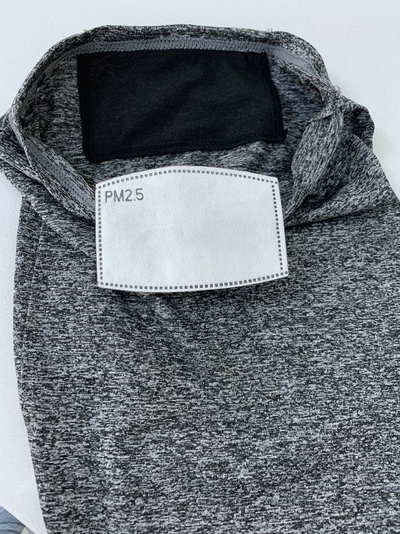 May include: Gray face mask with a black fabric panel and a white filter insert labeled "PM2.5".