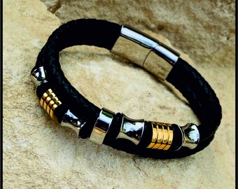 Men's Black Leather Bracelet: Gold & Silver 316 Stainless Steel