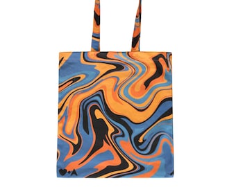 Blue Orange Swirl Abstract Organic Cotton Tote Bag Made in UK, Shoulder Bag, Reusable Bag, Shopping Bag, Travel Tote Bag, 90s, retro