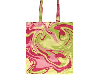 Pink Green Swirl Abstract Organic Cotton Tote Bag, Made in UK, Shoulder Bag, Reusable Bag, Shopping Bag, Travel Tote Bag, 90s, retro