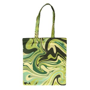 May include: A green tote bag with a swirling, marbled pattern in shades of green, black, and cream. The bag has matching handles and a rectangular shape. The design includes a heart symbol, the letter A, and a plus sign.