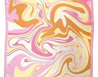 Pink Orange Swirl 100% Silk Scarf, Marbled Bandana, Made in UK