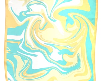 Marbled 100% Silk Bandana, Turquoise Yellow Swirl Scarf, Made in UK