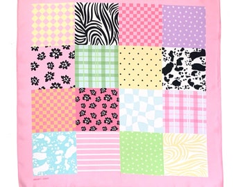 Pink Patchwork Pattern 100% Silk Square Scarf, Made in UK, Bandana, Neck scarf, Headband