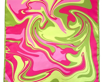 Pink & Green Swirl 100% Silk Scarf, Abstract Marbled Bandana, Made in UK