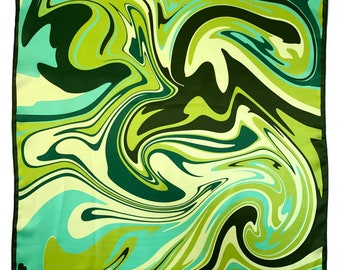 Green Swirl Marbled 100% Silk Scarf, Made in UK, square, bandana