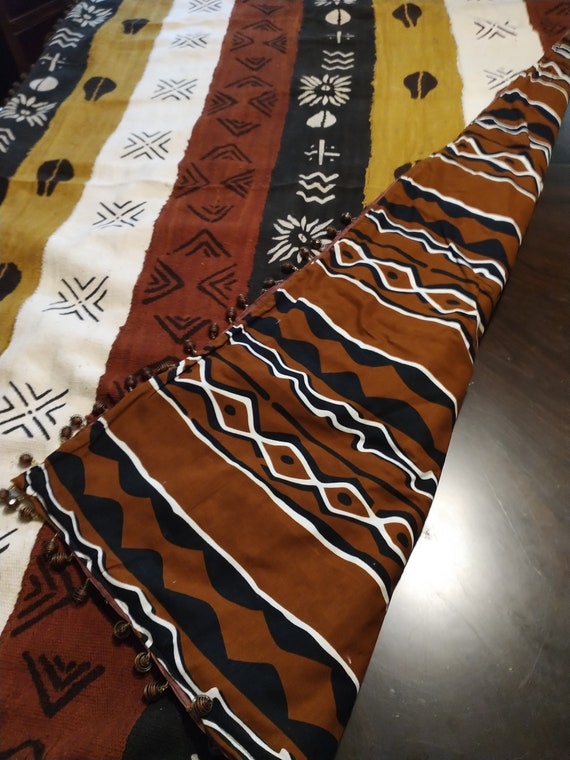 Afrocentric Mud Cloth reversible couch throw with beaded trim