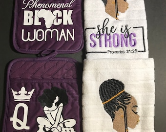 Afrocentric dish towels and matching potholders set