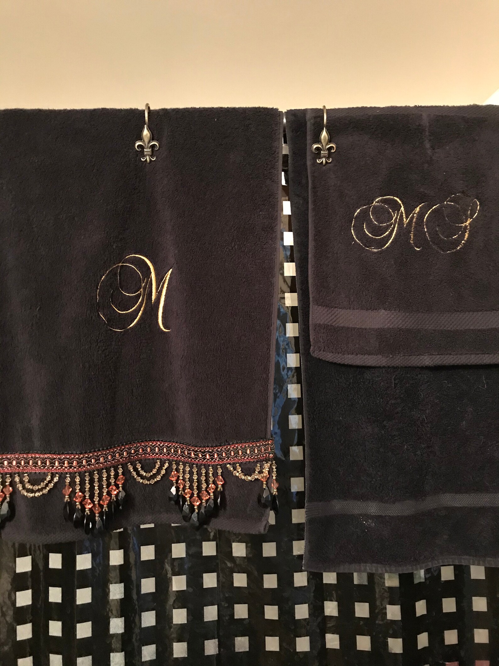 Embroidered Monogram Black Towel Set With Beaded Trim Etsy