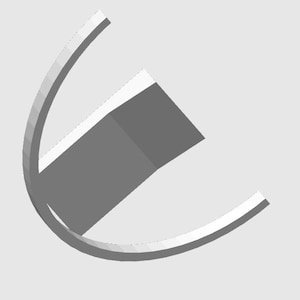 May include: A 3D rendering of a gray and white abstract shape. The design features a curved, arch-like structure that partially surrounds a rectangular form. The overall aesthetic is minimalist and modern.