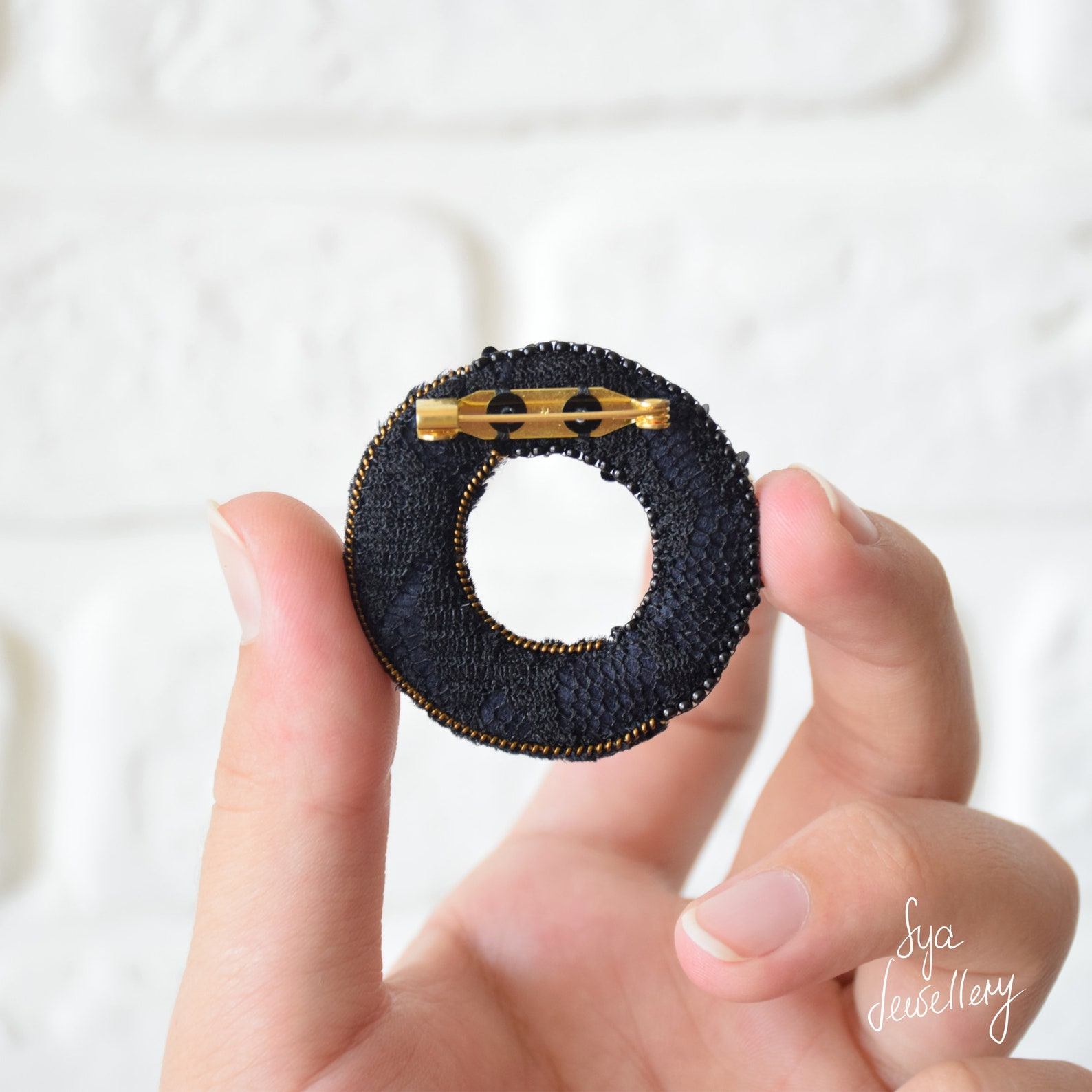 Circle brooch with embroidery on black silk velvet with Etsy