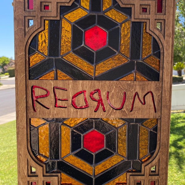 REDRUM - The Shining Movie inspired Handmade Stained Glass Suncatcher w/ Laser Cut Wood Frame Overlook Hotel stain glass, horror movie decor