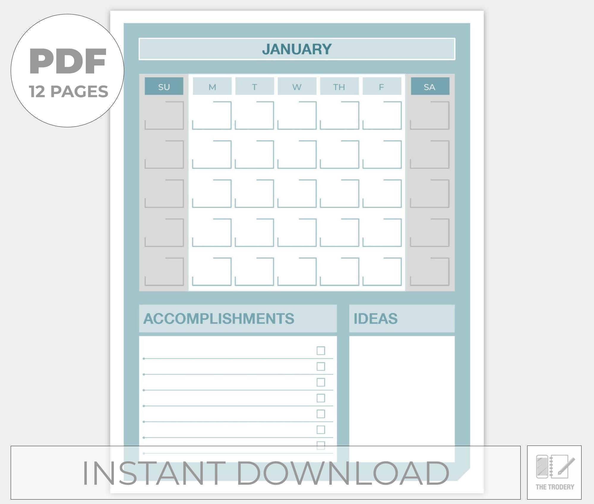 month calendar printable pdf 12 pages download january etsy