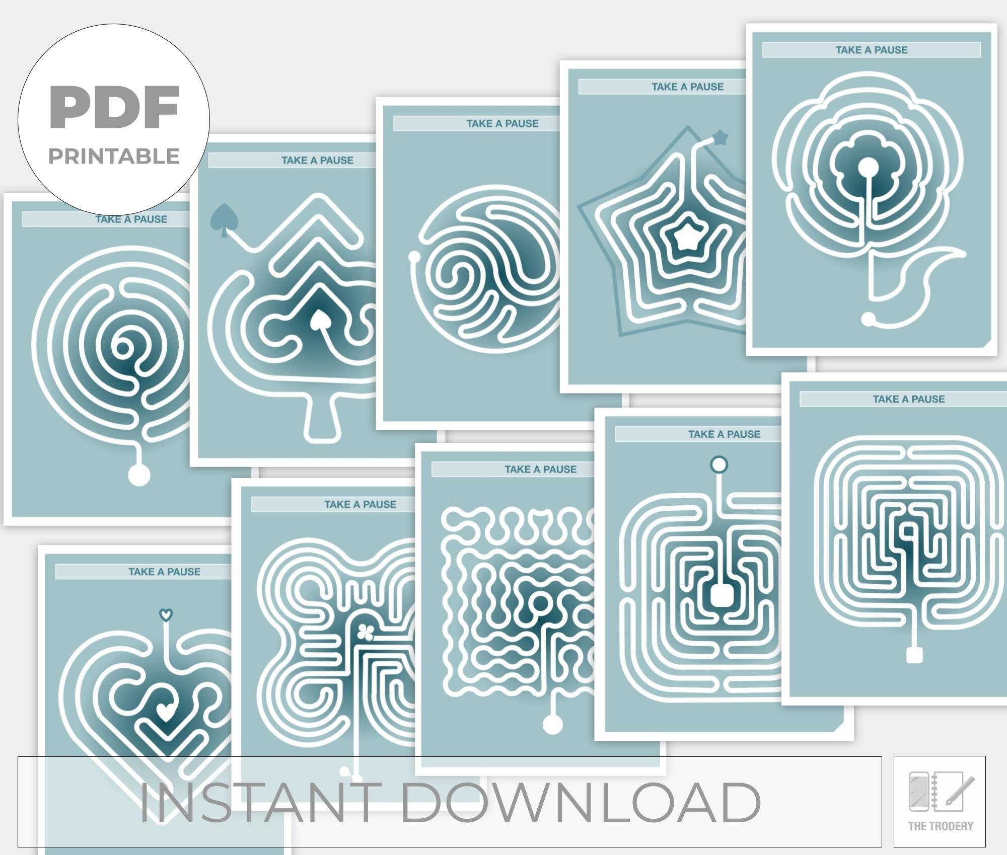Labyrinth Bundle Printable PDF 10 Pages | Instant Digital Download | Finger Path Printable | Print At Home Brain Game | Meditation Print Out