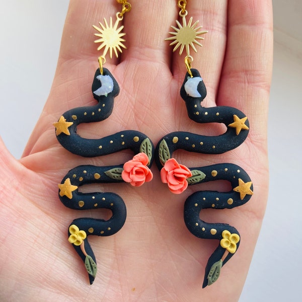 Snake earrings// valentines earrings//summer earrings// spring earrings//animal earrings// clay snake earrings// celestial earrings.