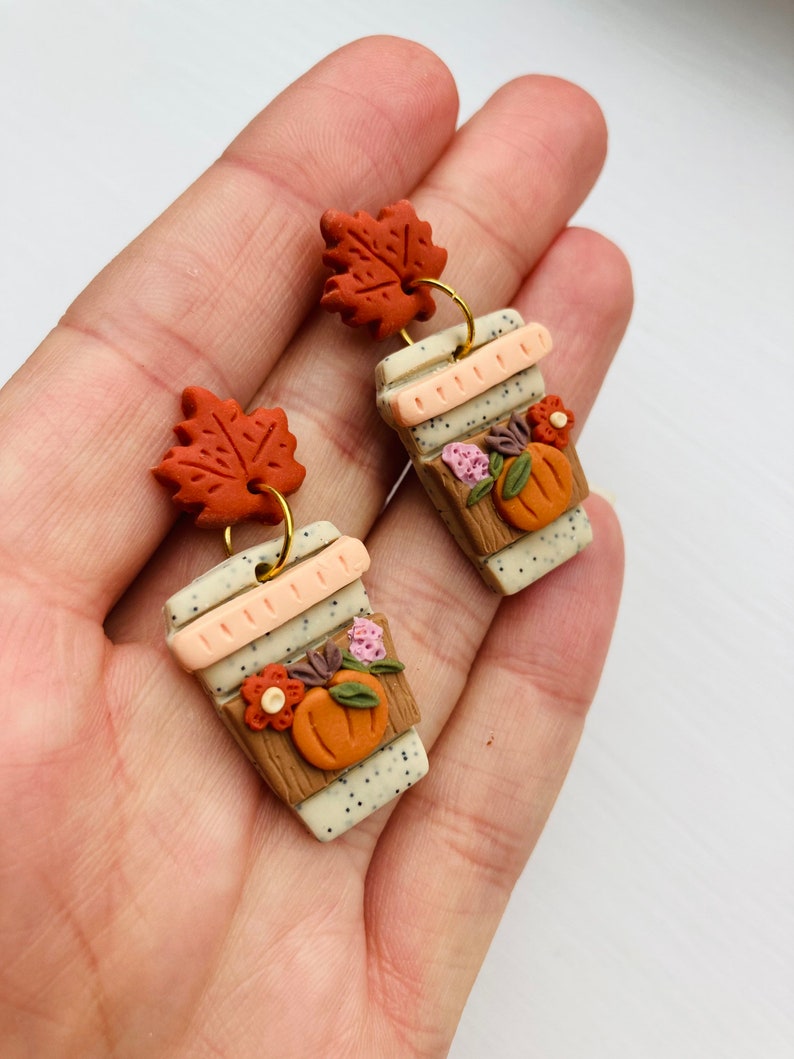 Pumpkin earrings// pumpkin spice latte earrings// Halloween earrings// autumn earrings// flower earrings// winter earrings// polymer clay ea image 4