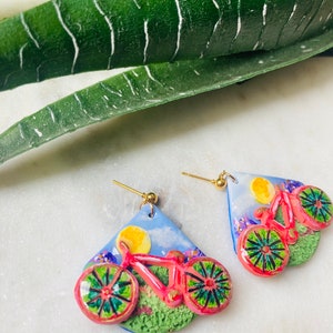 Summer earrings// autumn earrings// bike earrings// bike ride earrings//flower earrings// polymer clay earrings// image 3