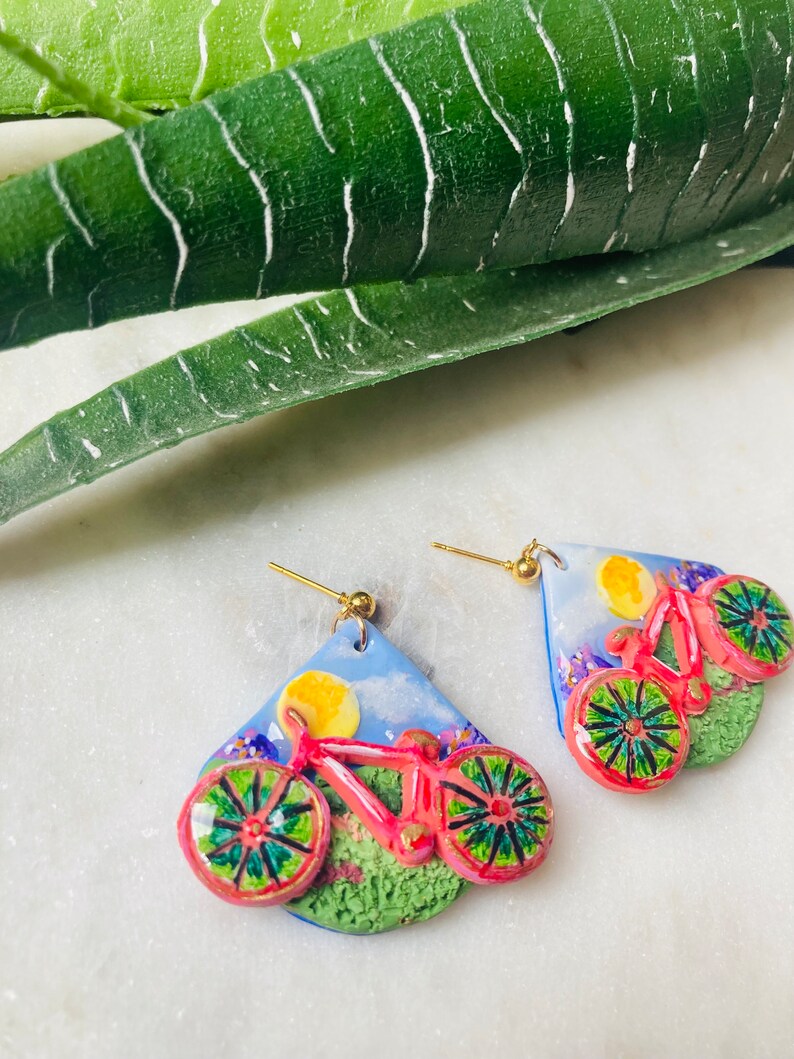 Summer earrings// autumn earrings// bike earrings// bike ride earrings//flower earrings// polymer clay earrings// image 3