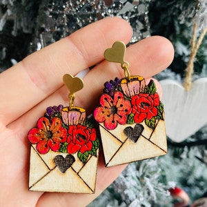 Valentines earrings//love letter earrings// flower earrings// wood earrings// spring earrings// winter earrings// wood flower earrings. image 2