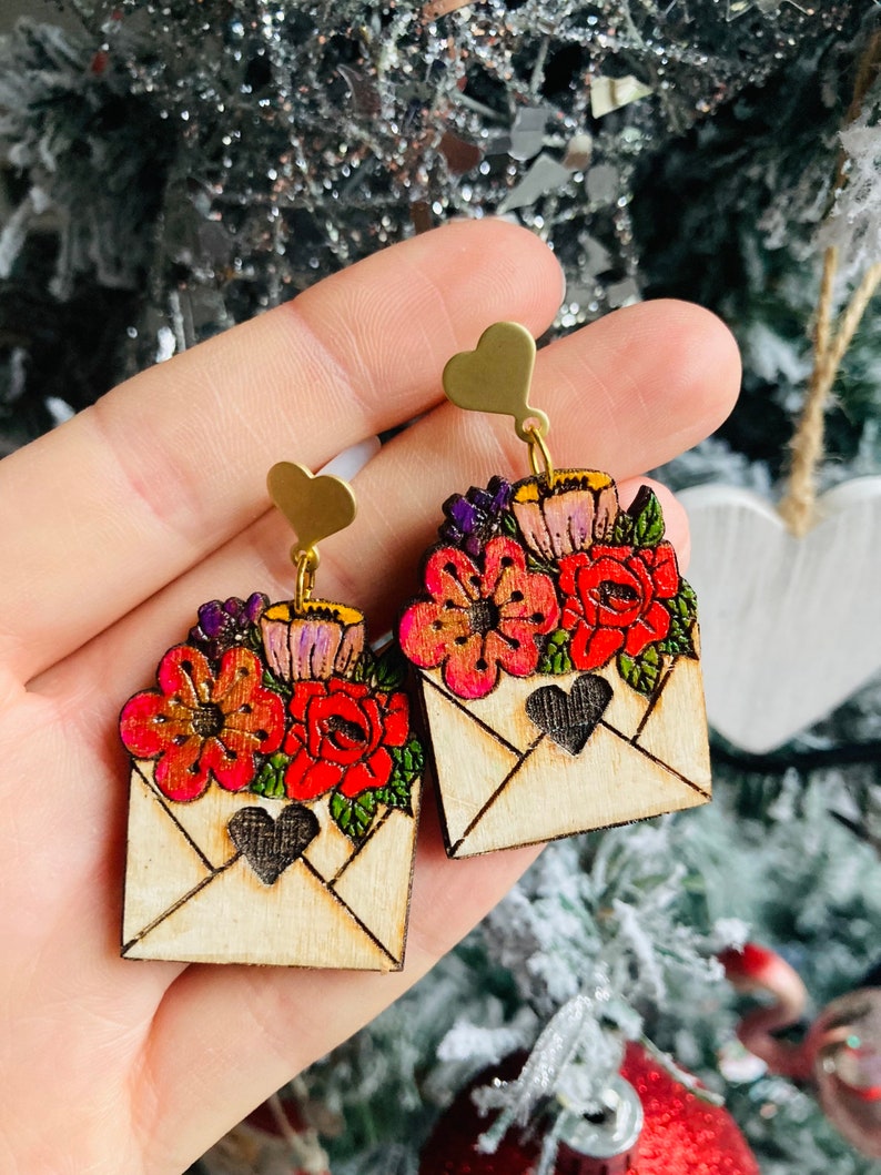 Valentines earrings//love letter earrings// flower earrings// wood earrings// spring earrings// winter earrings// wood flower earrings. image 2