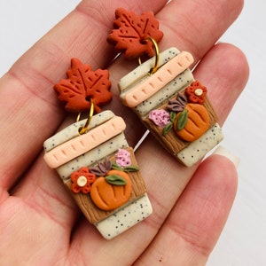 Pumpkin earrings// pumpkin spice latte earrings// Halloween earrings// autumn earrings// flower earrings// winter earrings// polymer clay ea image 7