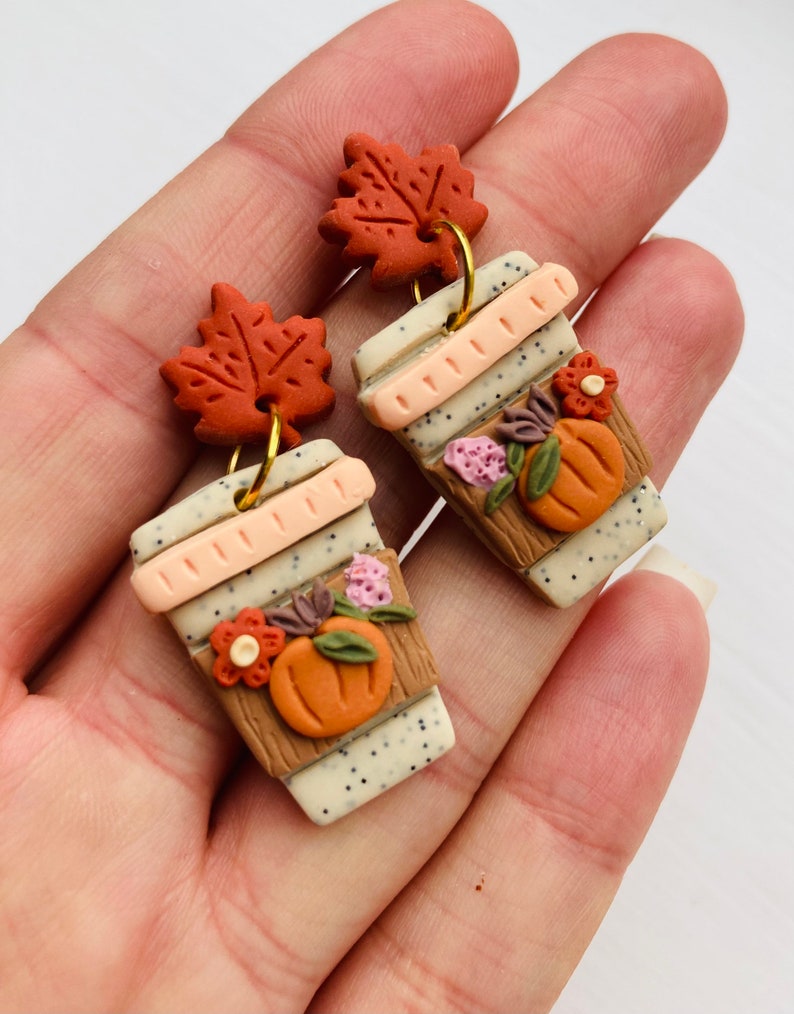 Pumpkin earrings// pumpkin spice latte earrings// Halloween earrings// autumn earrings// flower earrings// winter earrings// polymer clay ea image 7