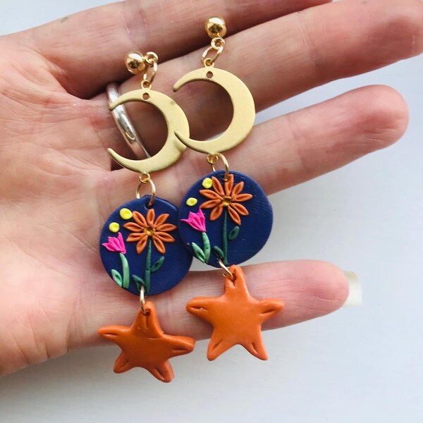 Polymer clay flower  earrings/ moon and stars earrings/ dangle earrings/ statement earrings/ flower earrings.